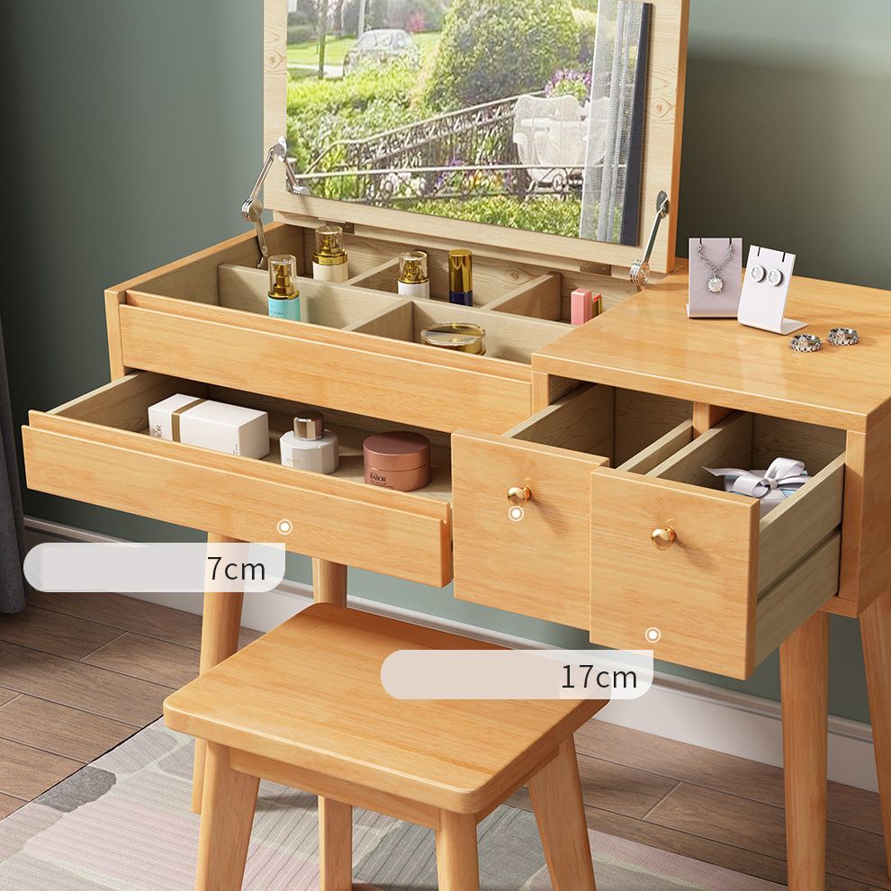 Scandinavian 3-Drawer Solid Wood Flip-top Dressing Vanity Make-up Table