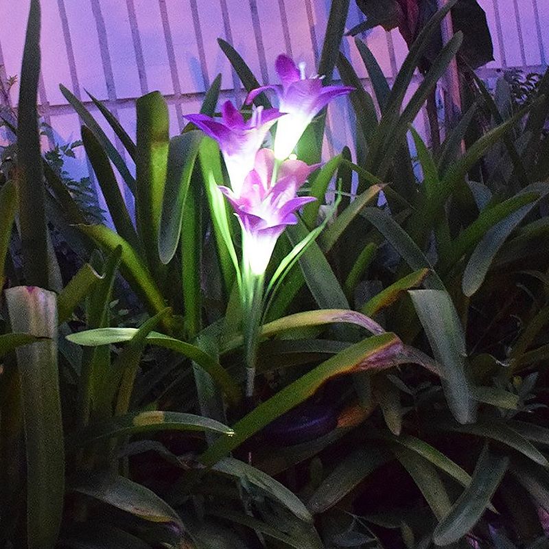 4-Bulb Lawn Ground Light Modern White/Purple/Red Solar LED Path Lamp with Artificial Lily Fabric Shade, 2 Packs