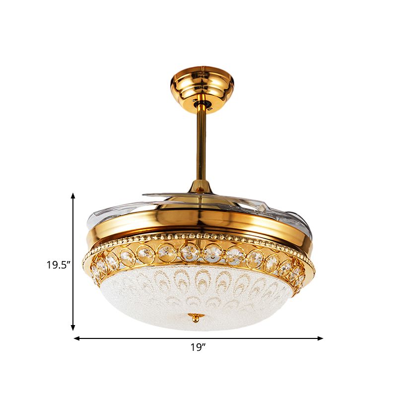 4-Blade strukturierte Glas Kuppel halb Flush einfachen Stil 19 "Breite LED Deckenlüfter Leuchte in Gold