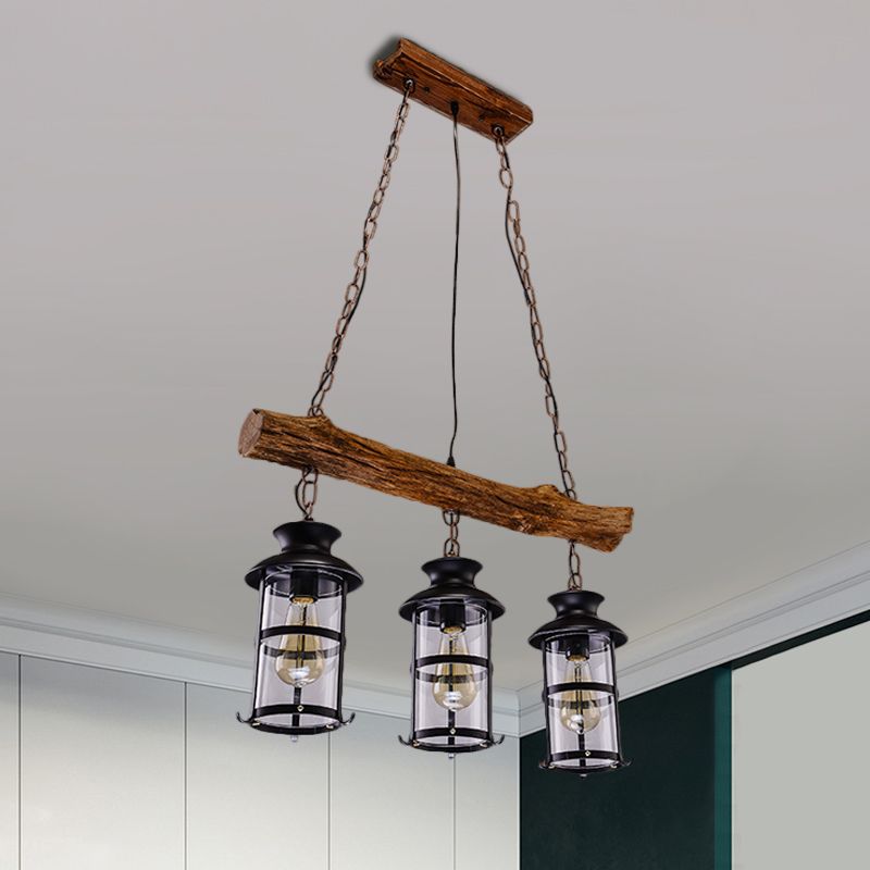 Brown 2/3-Bulb Island Lighting Ideas Nautical Clear Glass Cylinder Cluster Pendant with Wood Design