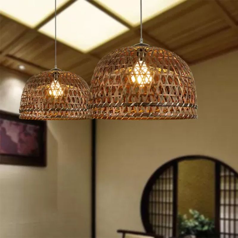 Brown/Wood Dome Shade Hanging Light Modern Style 13"/21" Dia 1 Light Bamboo Pendant Lamp for Restaurant