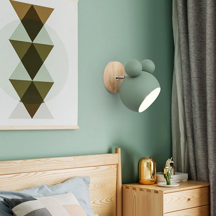 Modern Nordic Single Wall Light Wooden Globe Macaron Wall Lamp with Wrought Iron Shade