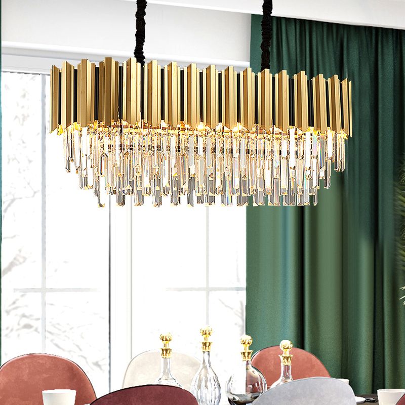 Oblong 3-Sided Crystal Rod Island Light Postmodern 10-Light Kitchen Dinette Drop Pendant in Gold
