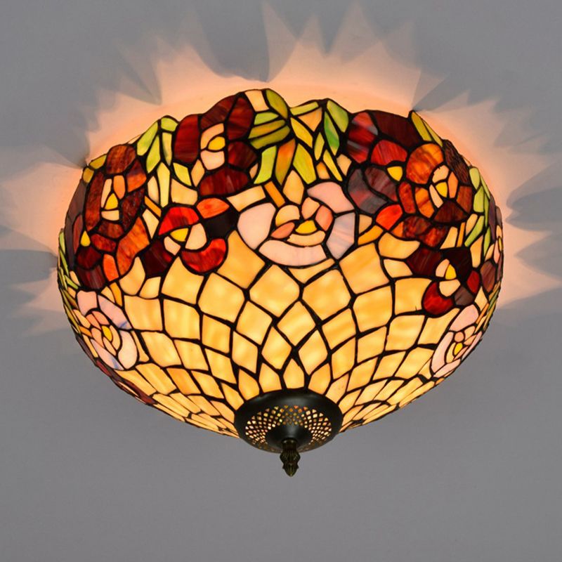 Tiffany-Style Bloom Flush Mount Recessed Lighting 3 Bulb Handcrafted Stained Glass Close to Ceiling Lamp in Bronze