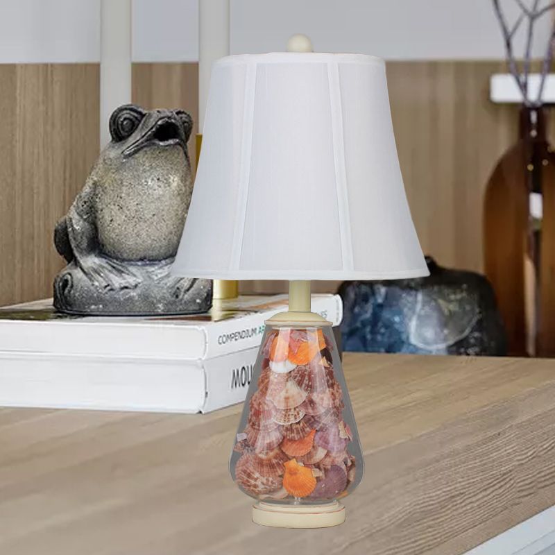 White Flared Shade Night Light Countryside Fabric 1 Bulb 12"/16" Wide Bedside Table Lamp with Decorative Shell