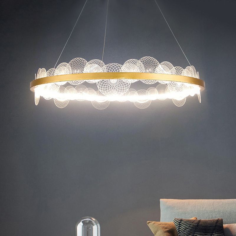 Lampada appesa a mano trasparente retrò retrò lampadario a LED acrilico con cerchio d'oro