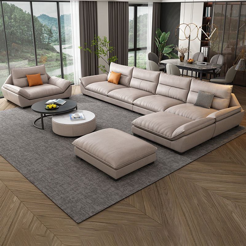 Flared Arm Beige Sectional Sofa with Chaise Pillowed Back Cushions Couch Sectional