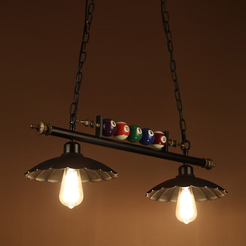 2/3-Light Scalloped Pool Table Light with Billiard Ball Decoration Vintage Metallic Hanging Light in Black