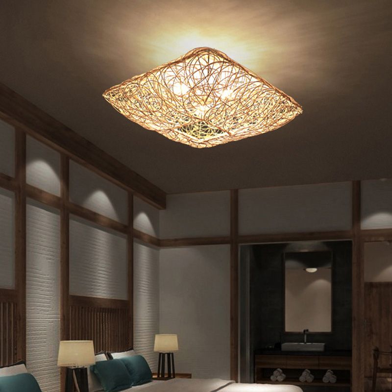 Asian Square Flush Mount Lighting 3-Light Rattan Flush Mount Ceiling Lights for Living Room