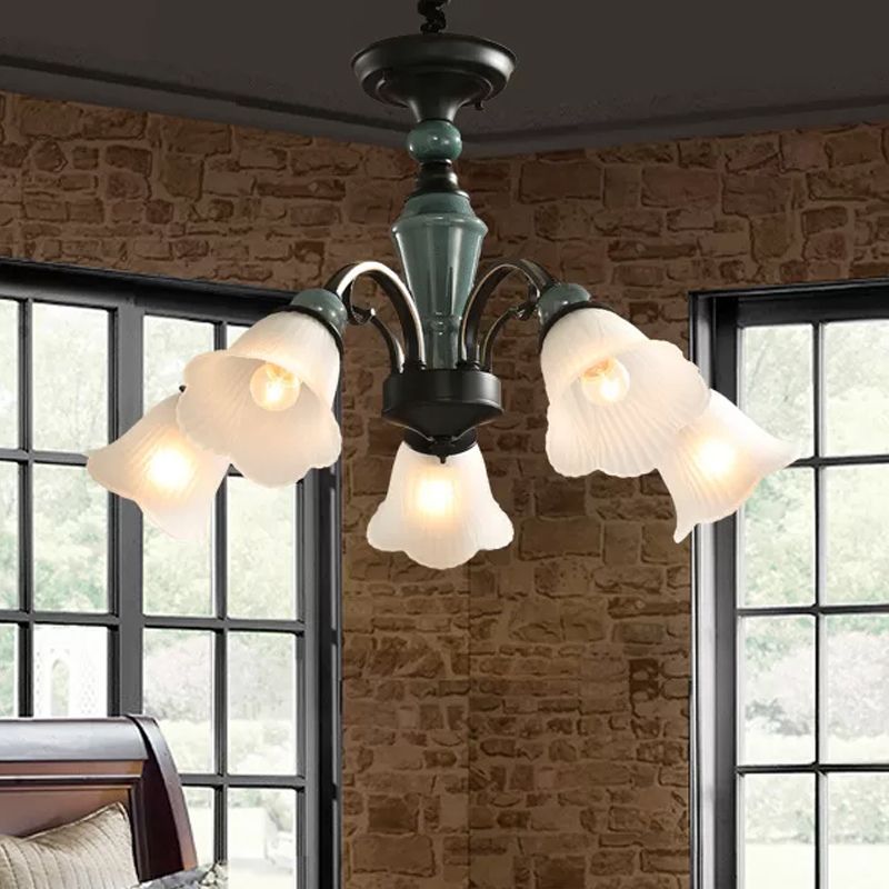 Peacock Green 5/6/8 Bulbs Drop Lamp Rustic Ribbed Frosted Glass Flower Blossom Chandelier