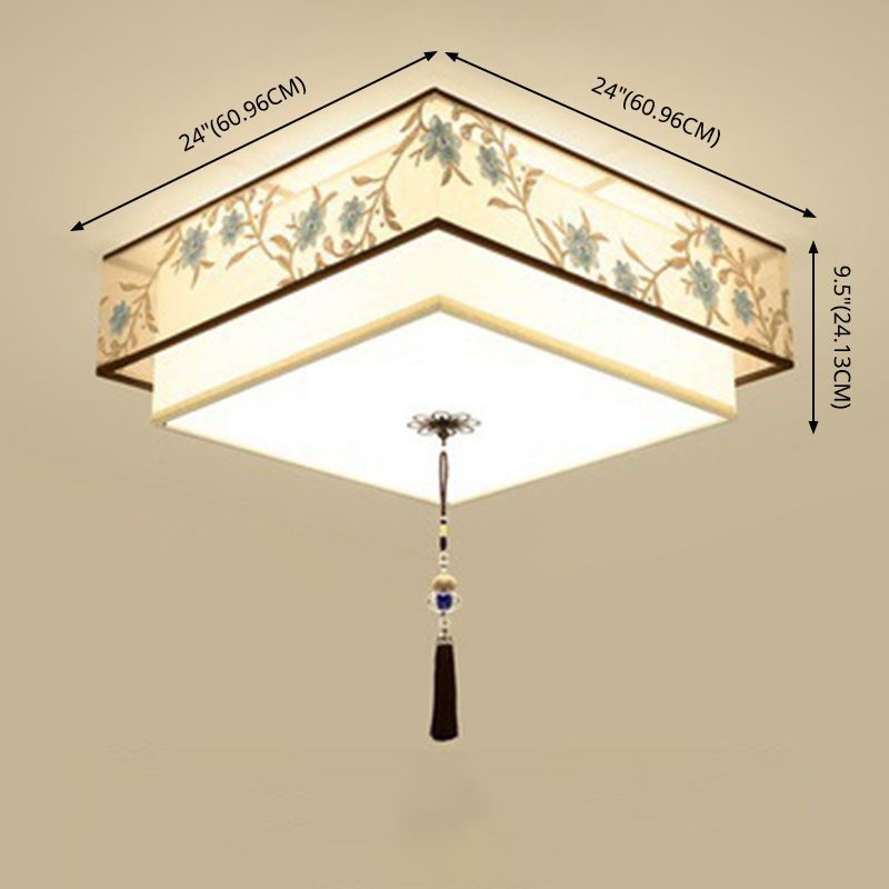 Geometric LED Ceiling Light in Traditional Classic Style Wrought Iron Flush Mount with Embroidered Fabric Shade