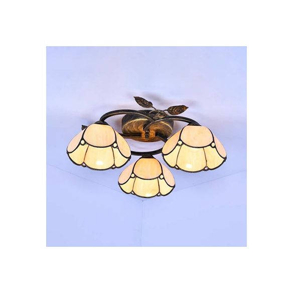 Geometric Ceiling Light Fixture with Pattern Tiffany Stained Glass 3 Lights Flushmount Ceiling Light in Bronze