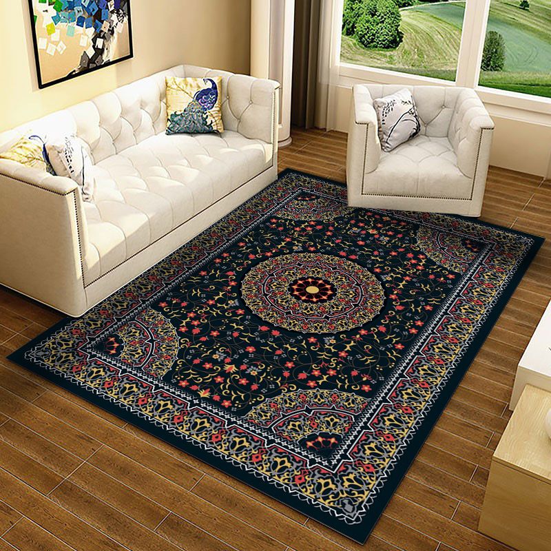 Black Moroccan Rug Polyester Graphic Indoor Rug Washable Rug for Living Room