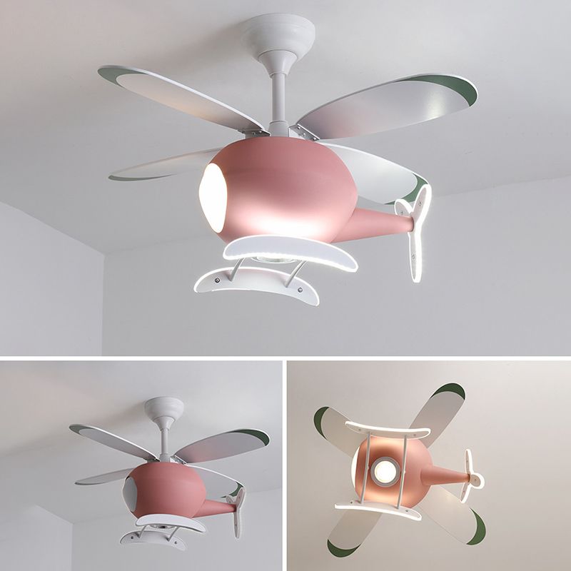 Kids Creative LED Fan Light Wrought Iron Airplane Hanging Lamp with Acrylic Shade