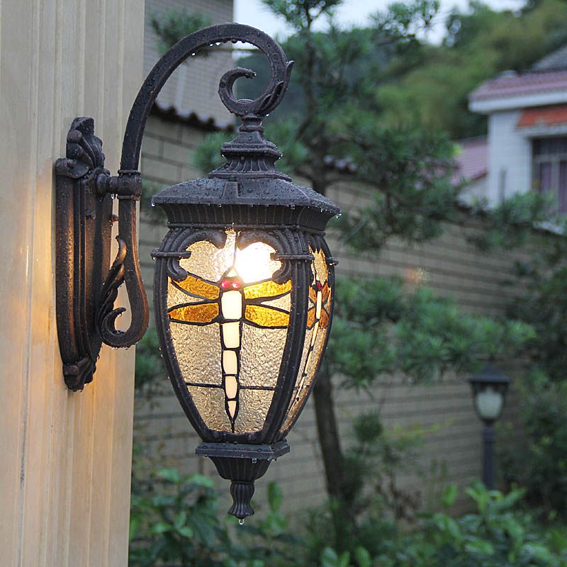Lantern Wall Light Vintage Stained Glass 1 Head Wall Lantern with Dragonfly Pattern for Balcony