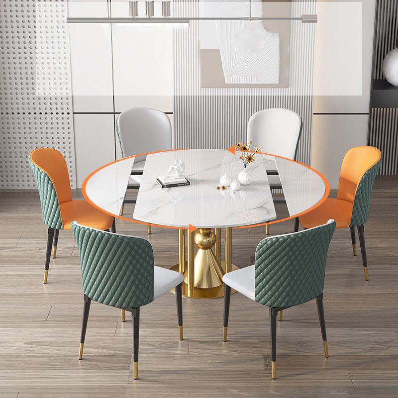 Round Dining Table with Leaf Extension Modern Stone White Top Pedestal Table