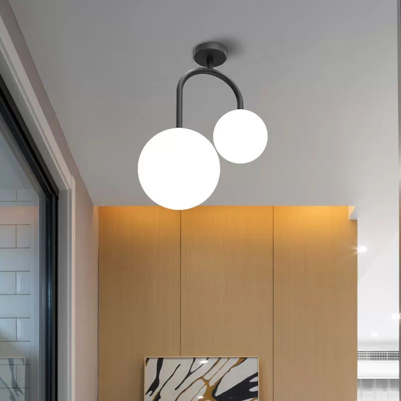 2 Heads Spherical Semi Flush Mount Modernist Milk Glass Ceiling Light Fixture in Black