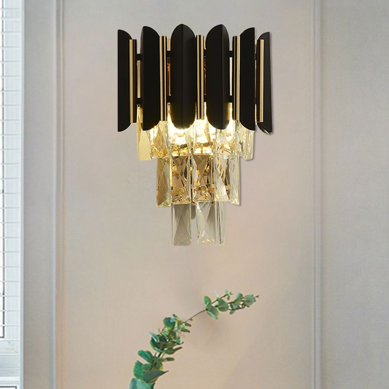 Black Finish 2 Heads Wall Light Fixture Modern Clear Faceted Crystals Tapered Flush Wall Sconce