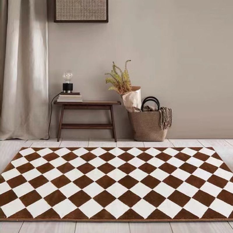 Brown Minimalist Rug Polyester Grid Rug Stain Resistant Rug for Home Decor