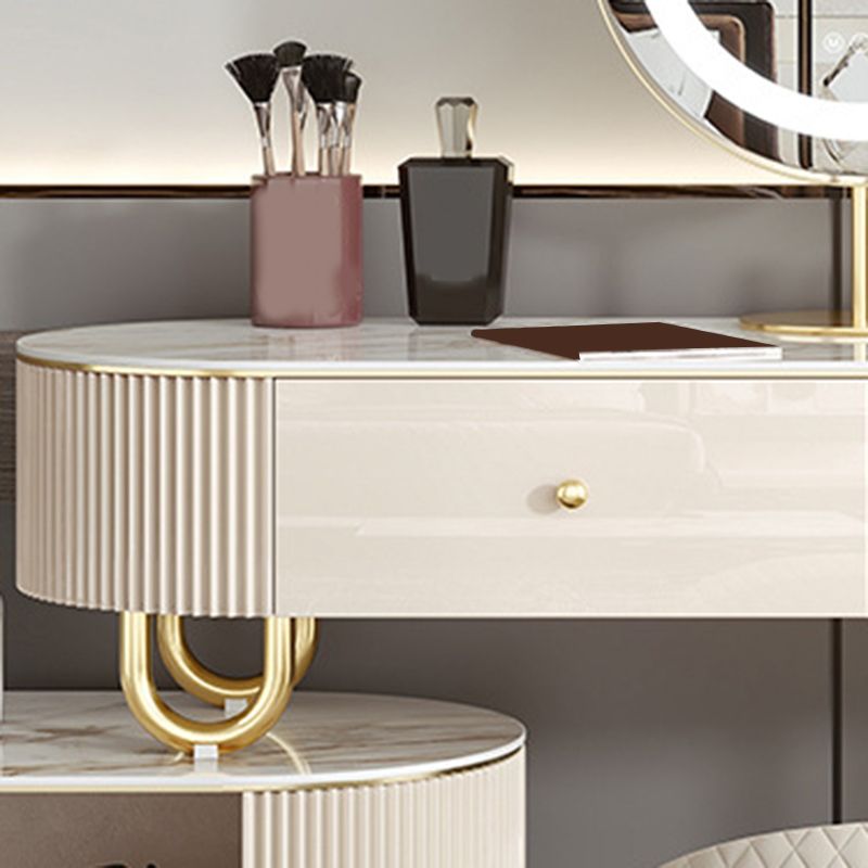 Luxurious Stone Vanity Table with Drawers 30.7" H Makeup Dressing Table Stool Set in Beige