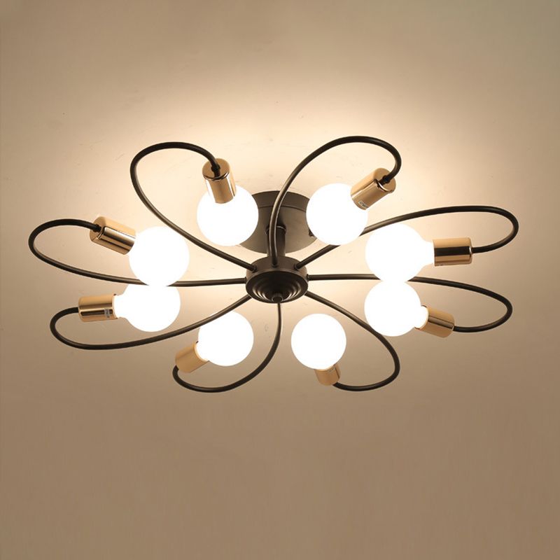 Black Sputnik Semi Flush Mount in Industrial Vintage Style Bare Bulb Metal Ceiling Light for Dining Room