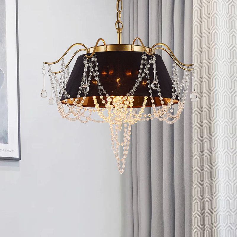 Black Cone Pendant Ceiling Light Contemporary 4 Lights Metal Chandelier Lamp with Clear Crystal Bead Accent