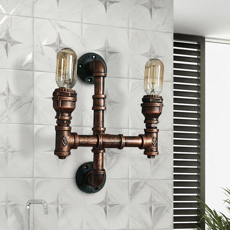Warehouse Water Pipe Wall Sconce Lamp with Exposed Bulb 2/3 Lights Iron Wall Light Fixture in Weathered Copper