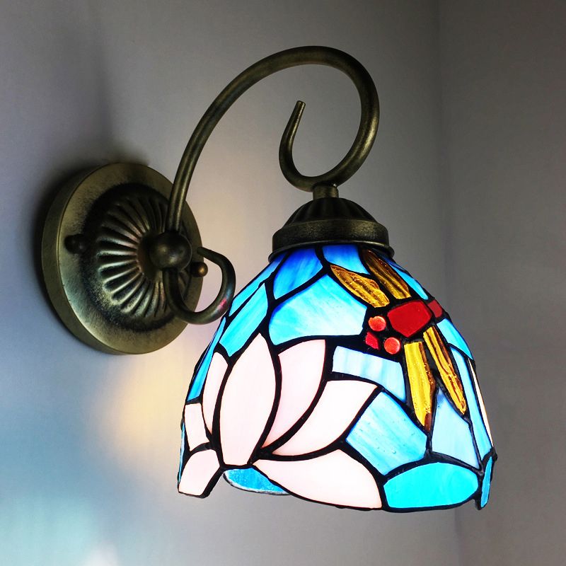 1 Bulb Wall Lamp Sconce Victorian Bowl Stained Glass Dragonfly Patterned Wall Light Fixture in Brass