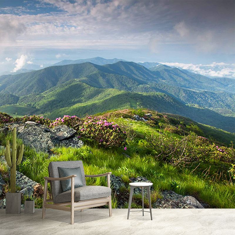 Personalized Photo Print Modern Mural with Spring Scenery at Mountain Peak Pattern in Green