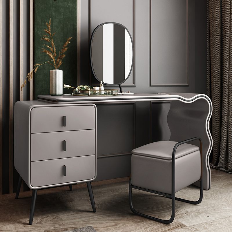3 Drawers Make-up Vanity Set, 28.74" H Leather Vanity with Stool & Mirror