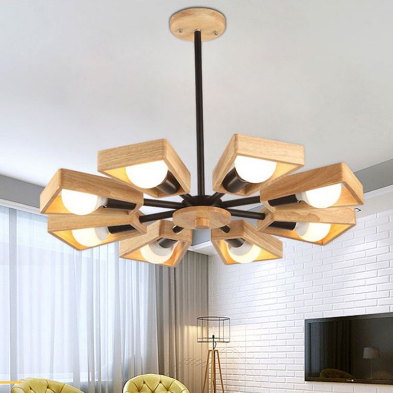 Trapezoid Frame Living Room Suspension Light Wood Minimalist Chandelier Lighting Fixture