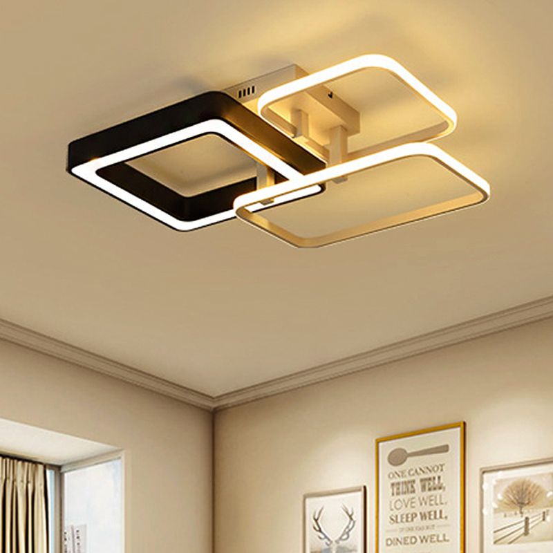 3/4 Lights Living Room Semi Flush Mount Light with Squared Acrylic Shade Modern Black and White Ceiling Mounted Light