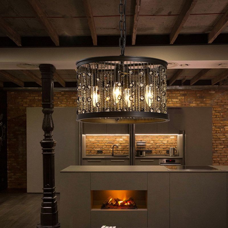 Metal Black Pendant Lamp Drum 4 Lights Rustic Chandelier Light Fixture for Dining Room with Crystal Beaded Strands