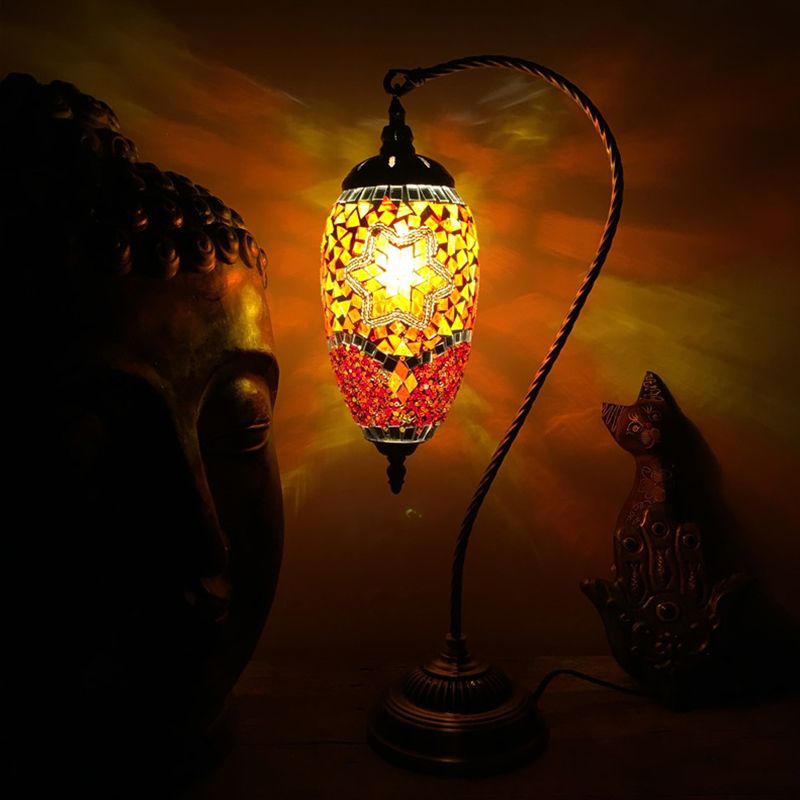 Vintage urn tafellamp oranje/watermeloen rood glas 1 kop taakverlichting met metaal gebogen arm