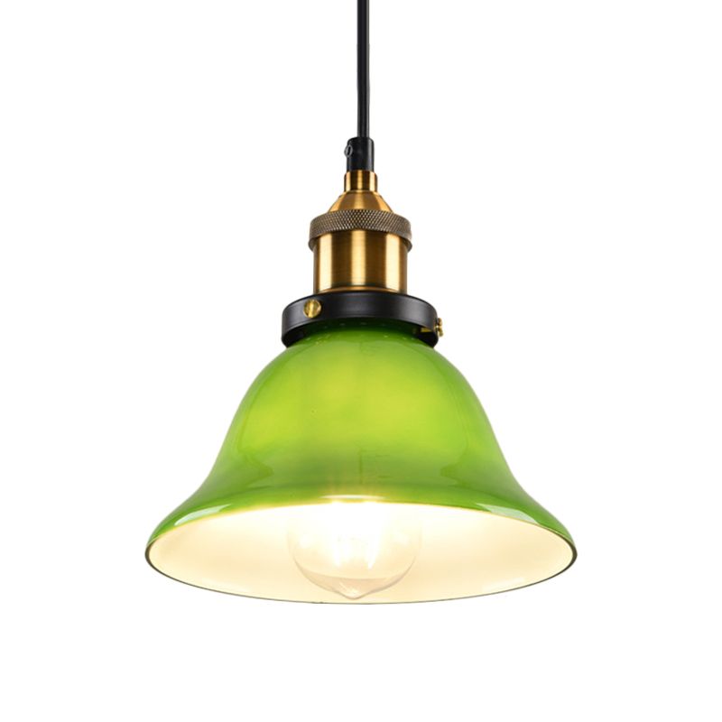 1-Light Carillon Suspension Pendant Vintage Brass Green Glass Hanging Light Fixture for Guest Room, 8"/10" Width