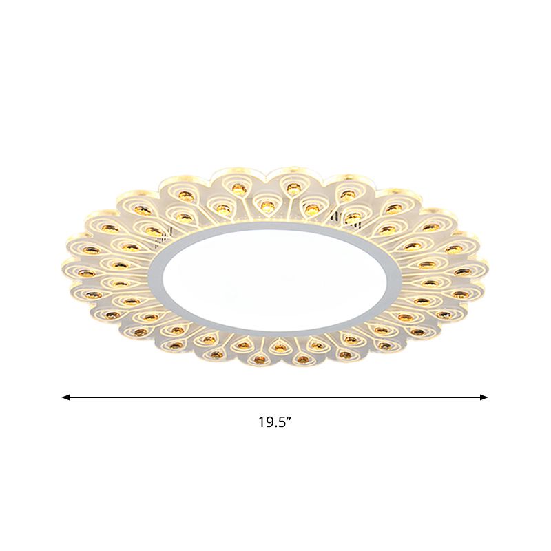 Runde Deckenleuchte aus klarem Kristall, moderne weiße LED-Einbauleuchte mit Pfauenschwanz-Design in warmem/weißem Licht, 14"/19,5" B
