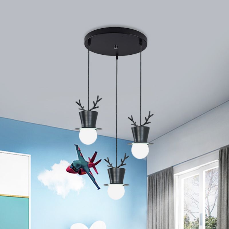 Black Tall Hat Cluster Pendant Nordic Style 3 Bulbs Iron Hanging Ceiling Light with Antler Decor, Round/Linear Canopy