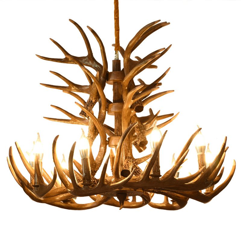 Candelabra Chandelier Pendant Light Traditional Distressed Wood Resin Suspension Pendant Light