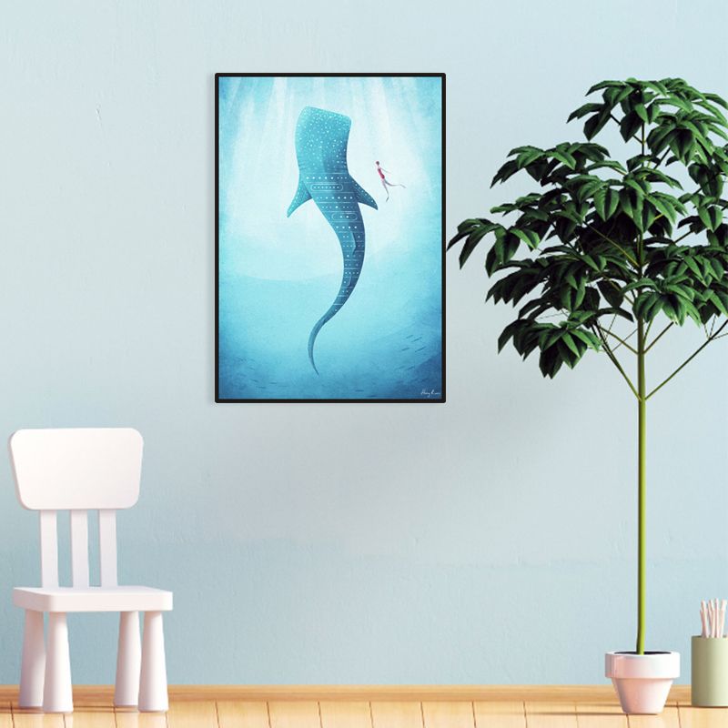 Giant Whale and Diver Wrapped Canvas Children's Art Marine Animal Painting in Blue