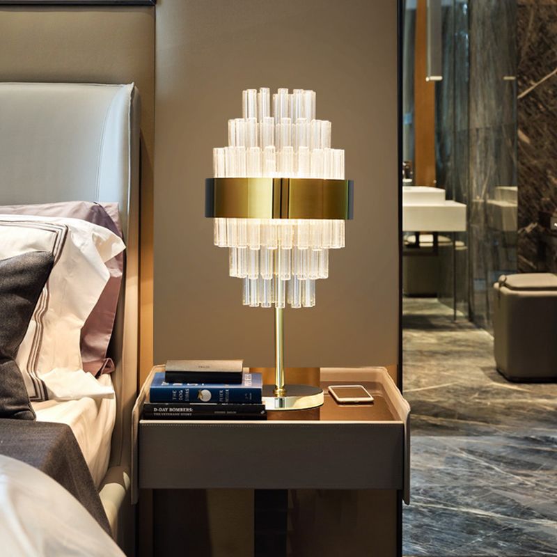 LED Bedside Table Lamp Modern Gold Task Lighting with Tiered Hand-Cut Crystal Shade