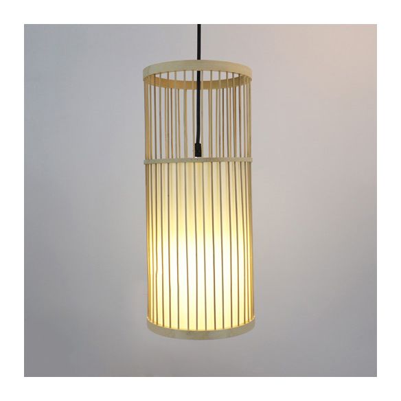 Cylinder Bamboo Shade Hanging Ceiling Lamp Contemporary Style 1 Light Beige Pendant Light Fixture