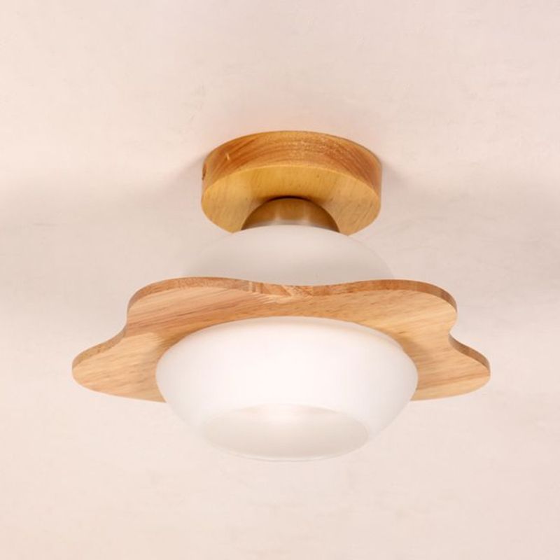 Blumenkorridor halb Flush Mount Leuchte Creme Glas 1-Licht nordische Deckenbehandlung in Holz