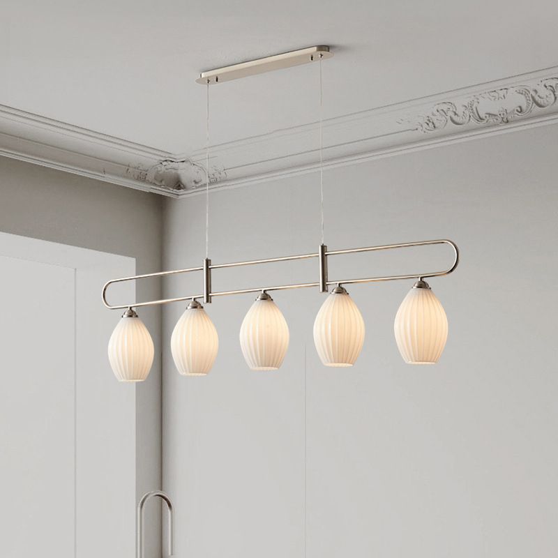Drum Shape Glass Island Chandelier Modern Style Multi Lights Island Ceiling Light in White