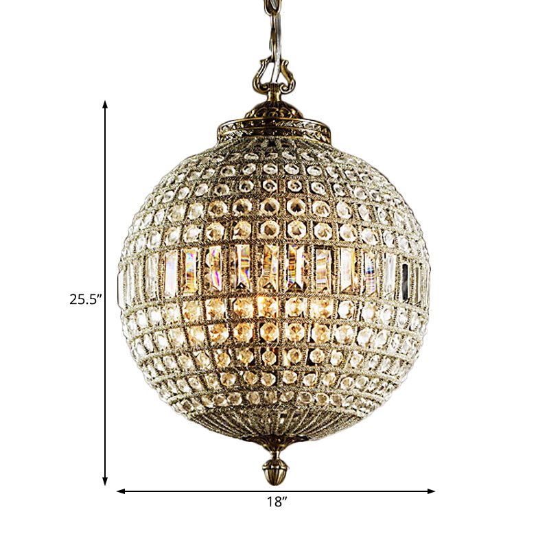 Traditional Orb Hanging Lamp 3 Bulbs Crystal Chandelier Light Fixture in Brass for Living Room