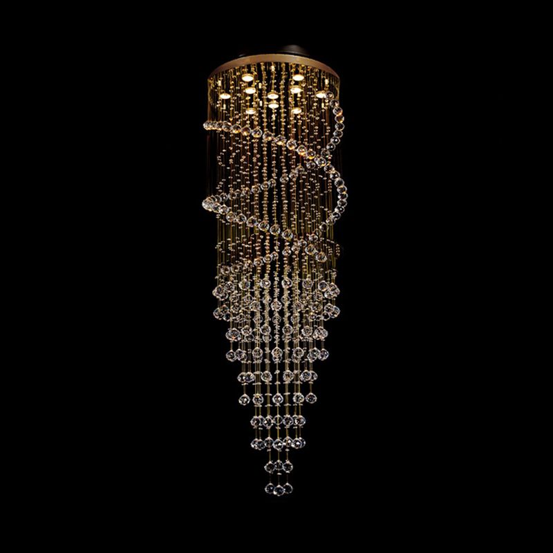 10-Head Spiral Cascades Hanging Lamp Modernism Brass Clear Crystal LED Multi Light Pendant