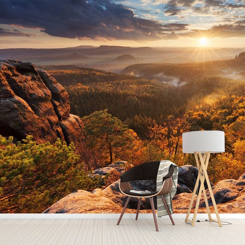 Fall Season Mountain View Mural in Brown Modern Wall Covering for Bedroom, Custom-Made