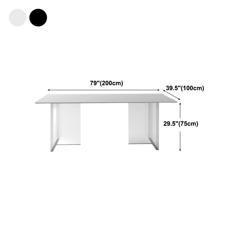 Modern White Dining Room Table Rectangle Acrylic and Stone Double Pedestal Table