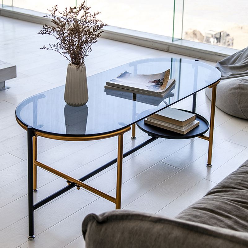 Modernism Elliptical Glass Top Coffee Cocktail Table with Shelf