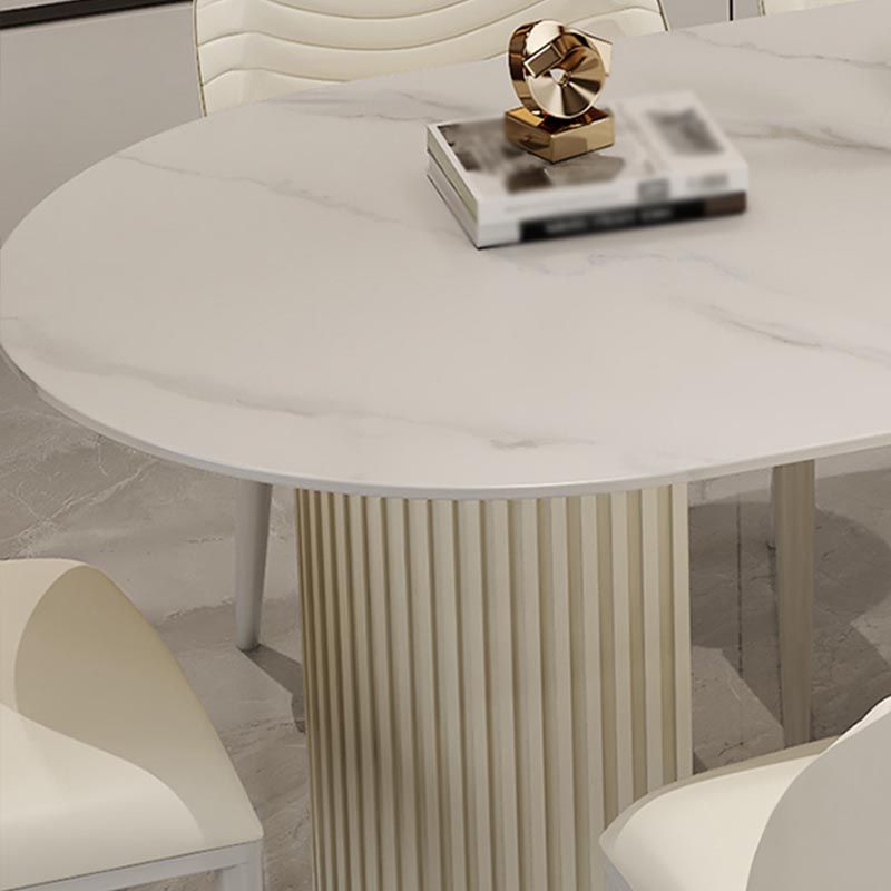 Contemporary Oval Dining Table Stone and Metal Double Pedestal Dining Table in White