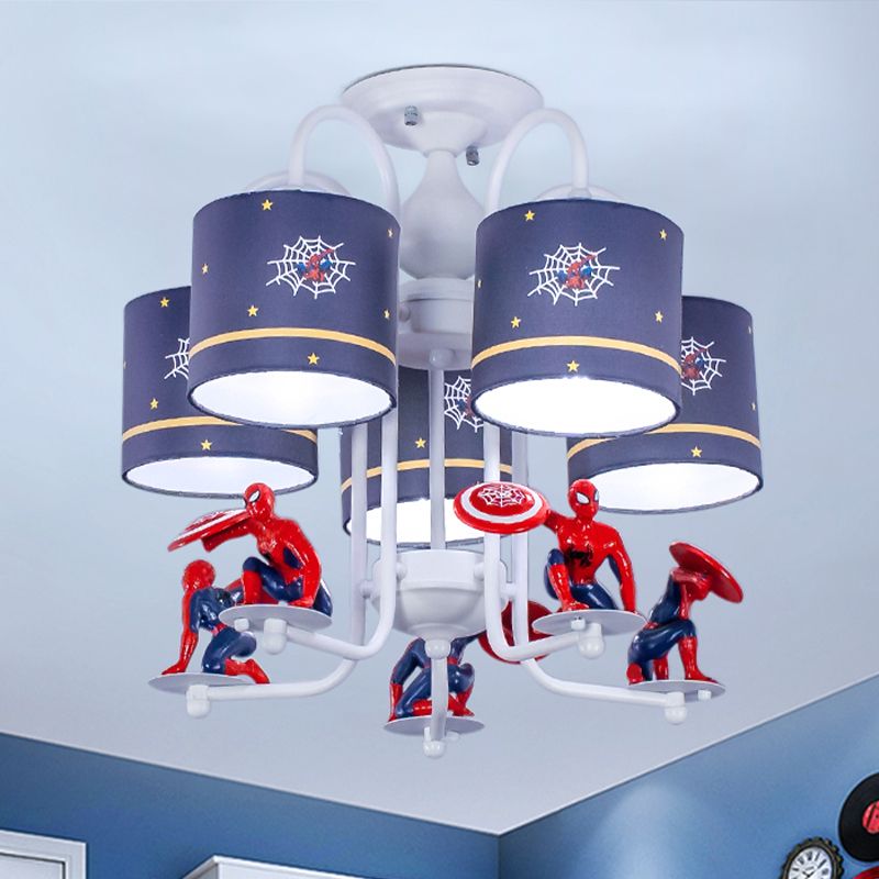 Azul Cilíndrico semi rascador de techo niños 5 luces 5 luces de montura de montura de tela con caricatura
